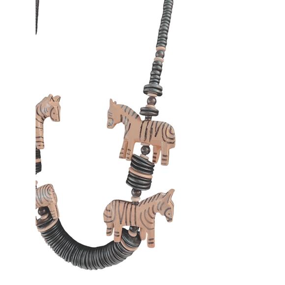 Vintage Hand-Carved Zebra Animal Necklace Wood Beads Tribal Safari Kenya 29” - Picture 4 of 7